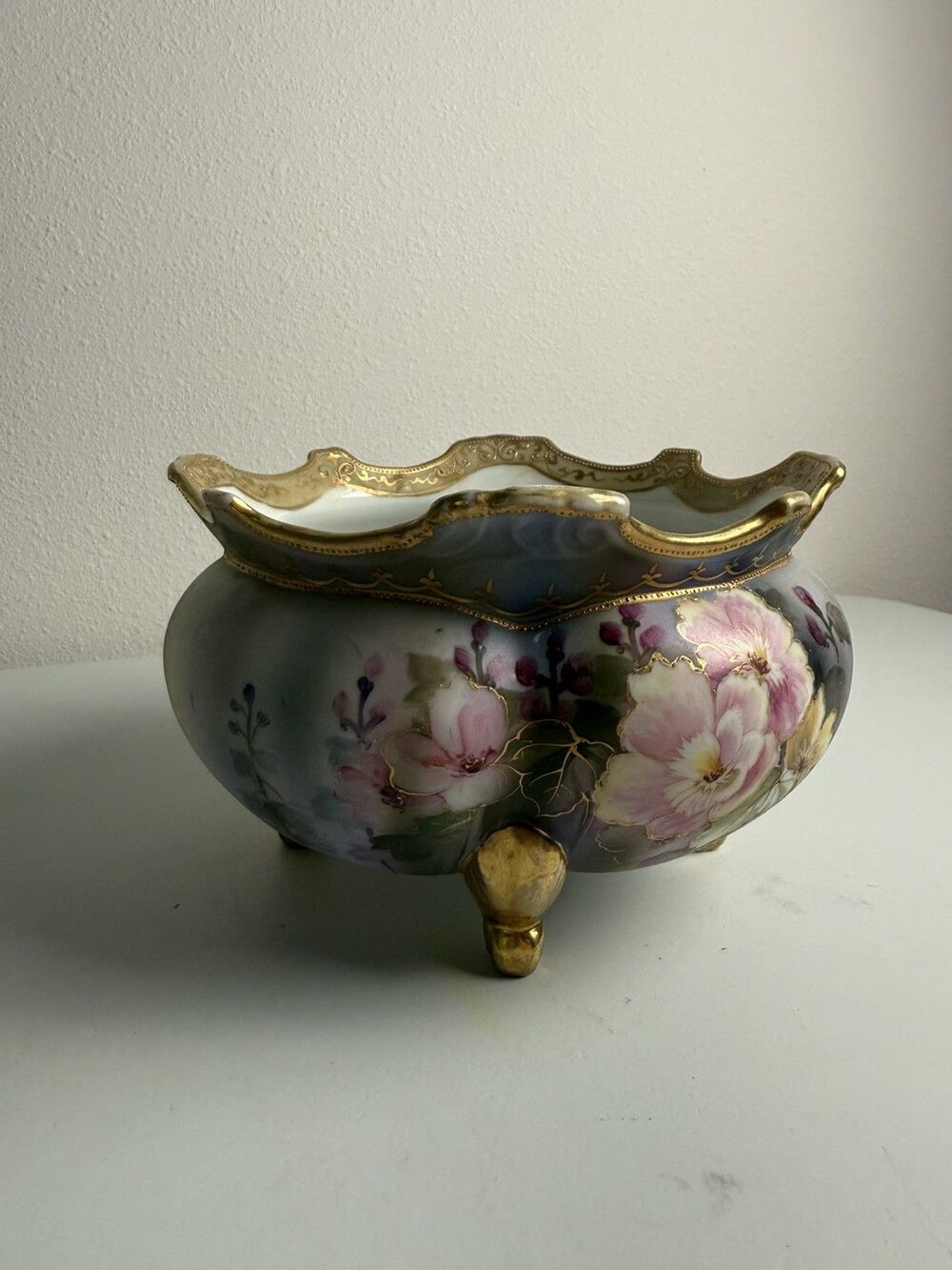 Antique Nippon Hand Painted Footed Bowl Floral Gold Trim Beautiful Colors